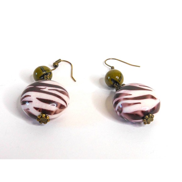 Vintage White & Brown Leopard Striped Drop Earrings - Picture 2 of 7